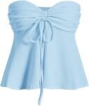 Women Tie Front Ruched Tube Top Strapless Flared Hem Peplum Bandeau Tops