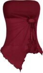 Women's Mesh Drawstring Split Tube Top Strapless Sleeveless Asymmetrical Hem Summer Tops