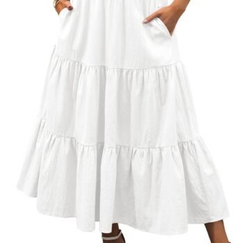 Women’s Summer  Flowy Swing Tiered A-Line Maxi Skirt  Fashion Trendy Elastic Waist Pleated Long Beach Dress
