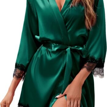 Women's Silk Robe Short Sexy Lace Bride Party Satin Bathrobe Kimono Sleepwear