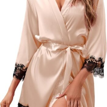 Women's Silk Robe Short Sexy Lace Bride Party Satin Bathrobe Kimono Sleepwear