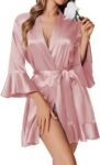 Women's Satin Robe Short Ruffle Hem Silky Robes Lightweight Kimono Brides Bathrobes Sleepwear XS-XXL