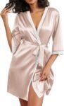 Women's Satin Robes 3/4 Sleeve Silk Robes Short Kimono Sexy Bride Bathrobes Lace Trim Loungewear with Pockets