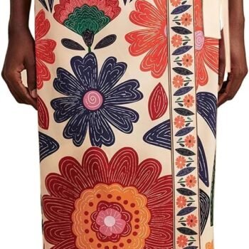 Women Floral Wrap Midi Skirt Summer Adjustable Tie Side Casual High Waist A Line Beach  Long Flared Skirts