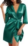Women's Satin Robes 3/4 Sleeve Silk Robes Short Kimono Sexy Bride Bathrobes Lace Trim Loungewear with Pockets
