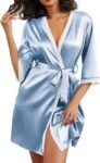 Women's Satin Robes 3/4 Sleeve Silk Robes Short Kimono Sexy Bride Bathrobes Lace Trim Loungewear with Pockets