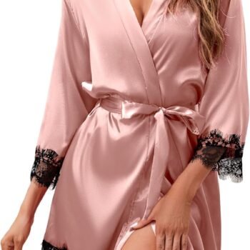 Women's Silk Robe Short Sexy Lace Bride Party Satin Bathrobe Kimono Sleepwear
