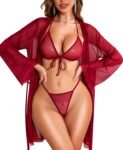 Women Sexy Lingerie Set - 3 Piece Bra and Panty Sets with Lace Kimono Robe Sheer Sleepwear Mesh Nightgown