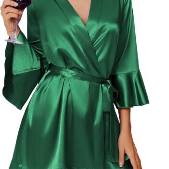 Women's Satin Robe Short Ruffle Hem Silky Robes Lightweight Kimono Brides Bathrobes Sleepwear XS-XXL